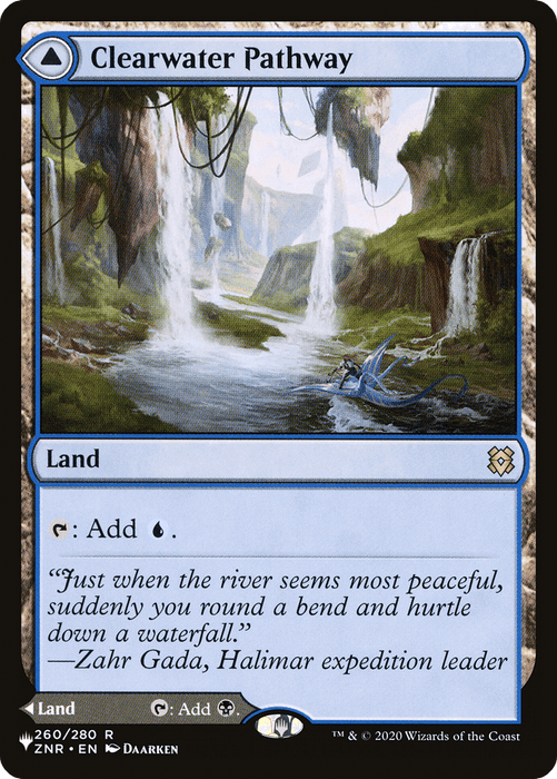 A Magic: The Gathering card named "Clearwater Pathway // Murkwater Pathway [Secret Lair: From Cute to Brute]." It depicts a serene fantasy landscape with waterfalls flowing into a clear river amidst lush greenery. Just when the river seems most peaceful, suddenly you round a bend and hurtle down a waterfall. This rare land is part of the Secret Lair set.