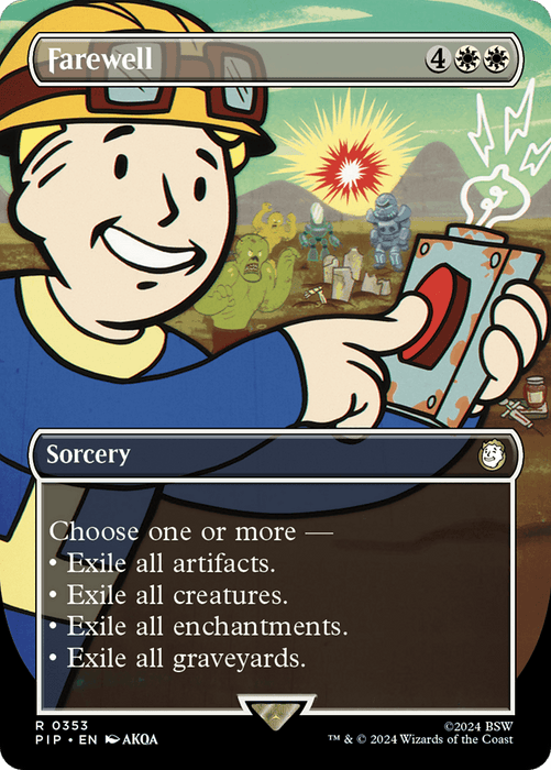 A Magic: The Gathering card titled "Farewell (Borderless) [Fallout]" features artwork of a smiling character in a hard hat pressing a red button amidst apocalyptic, fallout imagery. This rare sorcery, costing 4 white mana, allows you to exile artifacts, creatures, enchantments, or all graveyards.