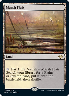 Image of a rare Magic: The Gathering card named "Marsh Flats [Modern Horizons 2]" from Magic: The Gathering. It is a land card with text: "{T}, Pay 1 life, Sacrifice Marsh Flats: Search your library for a Plains or Swamp card, put it onto the battlefield, then shuffle." The illustration depicts a misty marshland with tall, thin grasses and dark water.