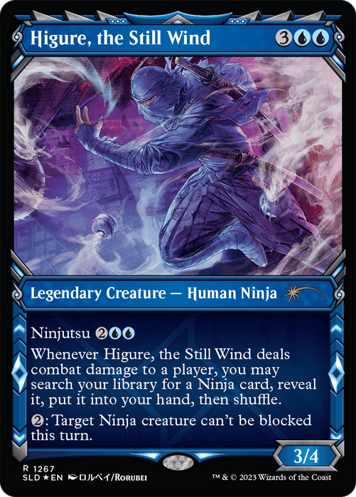 A “Magic: The Gathering” card titled "Higure, the Still Wind (Halo Foil) [Secret Lair Drop Series]" from Magic: The Gathering. It costs 3 colorless and 2 blue mana to play and is a 3/4 Legendary Creature – Human Ninja. With Ninjutsu, card search, and unblockable abilities, its artwork shows a ninja surrounded by mystical swirling wind.
