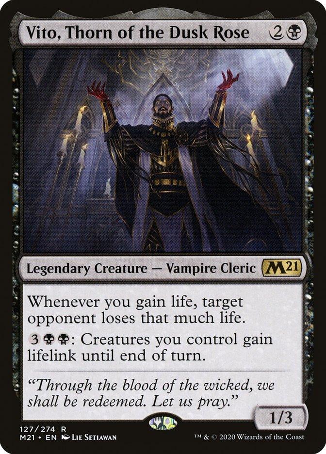 A Magic: The Gathering product named Vito, Thorn of the Dusk Rose [Core Set 2021]. This legendary creature is a vampire cleric with 1/3 power/toughness, costing 2B to play and granting life drain ability to creatures. The image shows Vito in a dark, gothic cathedral with arms raised, bathed in eerie light.