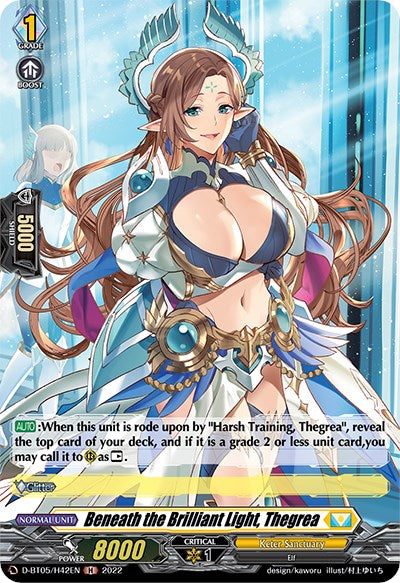 "Beneath the Brilliant Light, Thegrea" (D-BT05/H42EN) from Bushiroad's "Triumphant Return of the Brave Heroes" series in Keter Sanctuary features a fantasy-themed character card of Thegrea. She is depicted with long brown hair and blue eyes, wearing ornate blue and white armor with gold accents and a tiara. Her attire includes a revealing chest plate and a flowing skirt, indicating abilities like "Grade 1," "Power.