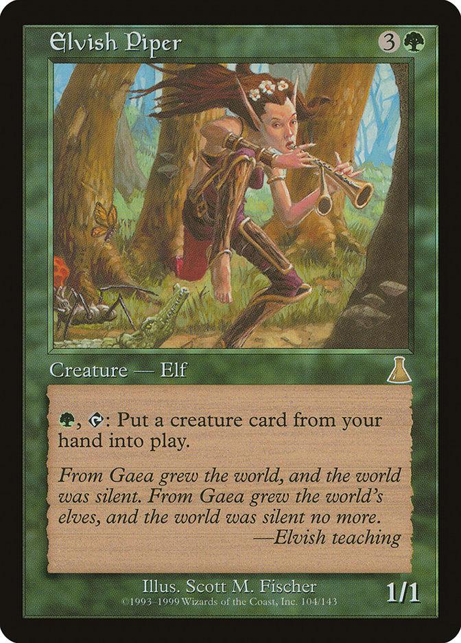 A Magic: The Gathering product named "Elvish Piper [Urza's Destiny]" features art depicting a female elf shaman playing a pipe in the forest. The card's green border indicates its nature, with text enabling the player to put a creature card from their hand into play for one green mana.