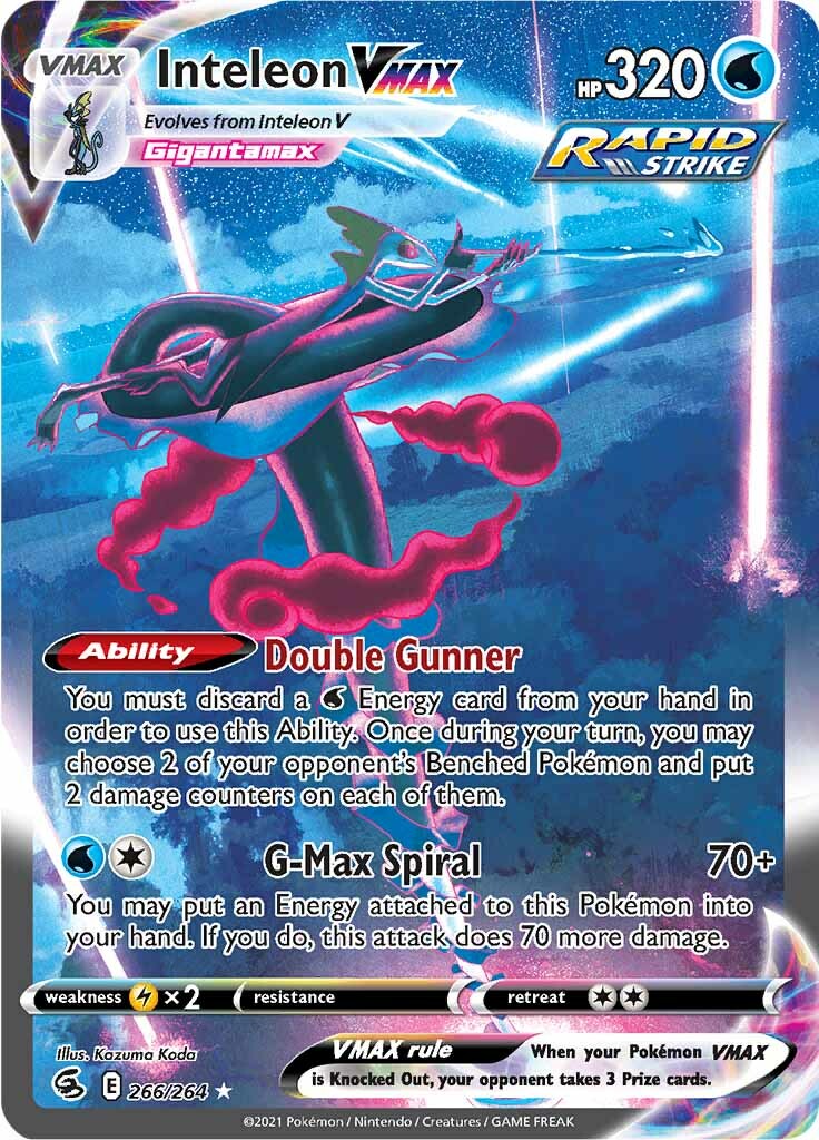 Pokémon Inteleon VMAX card (266/264) from the Sword & Shield: Fusion Strike series. This water-type card boasts 320 HP and belongs to the Rapid Strike set. Its Gigantamax form features impressive abilities such as Double Gunner and G-Max Spiral. The card showcases various stats, detailed text descriptions, and dynamic artwork of Inteleon.