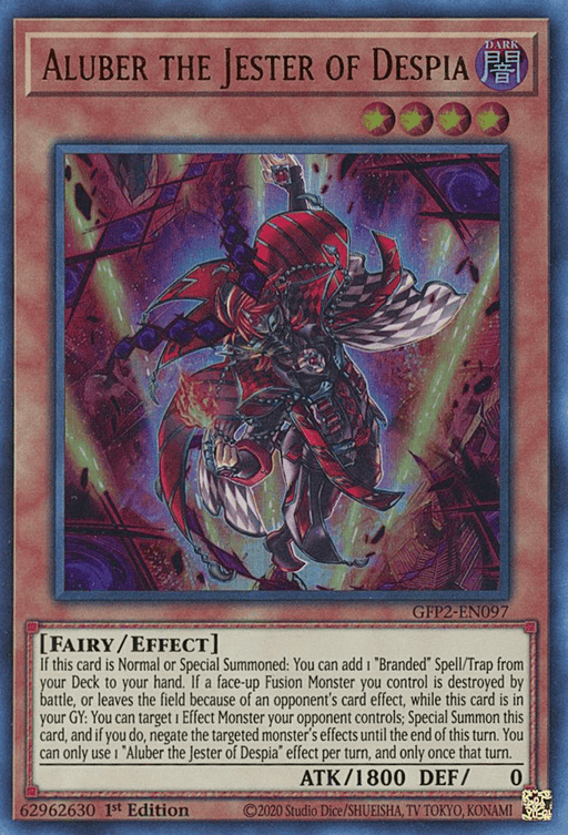 Yu-Gi-Oh! card titled "Aluber the Jester of Despia [GFP2-EN097] Ultra Rare," an Ultra Rare Effect Monster from Ghosts From the Past. The card depicts a fairy-like character in ornate, dark attire with red and purple accents, wielding a long staff with a glowing red tip. Special summoning effects and ATK 1800 / DEF 0.