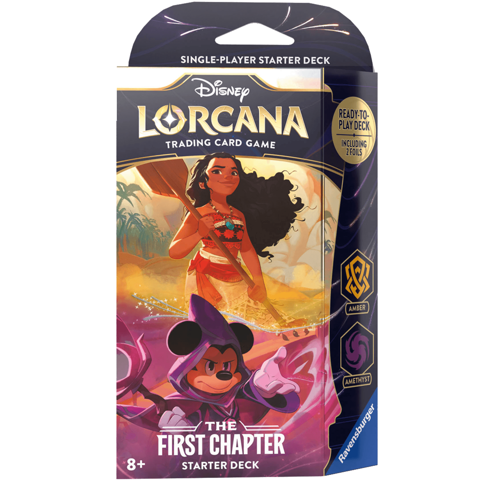 A box for the Disney The First Chapter - Starter Deck (Amber & Amethyst). The package features an image of a warrior with long dark hair and a paddle over her shoulder, set against a sunset background, with another character in a hooded purple outfit below. Text indicates it is a single-player starter deck suitable for ages 8 and up and includes 