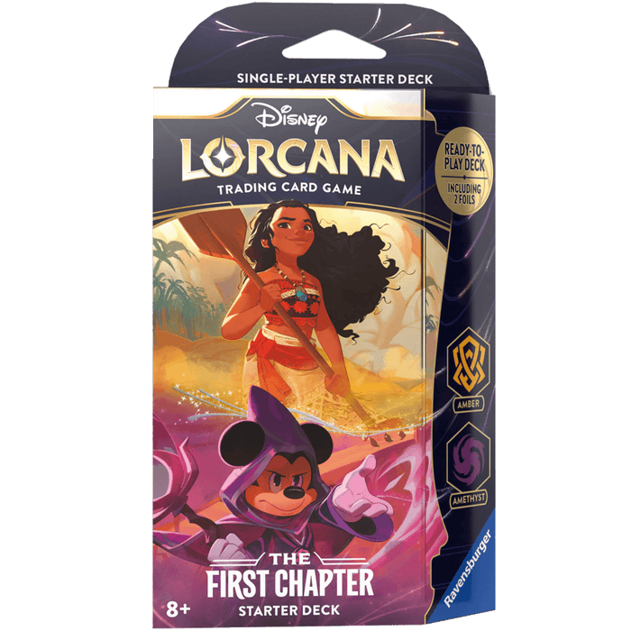 A box for the Disney The First Chapter - Starter Deck (Amber & Amethyst). The package features an image of a warrior with long dark hair and a paddle over her shoulder, set against a sunset background, with another character in a hooded purple outfit below. Text indicates it is a single-player starter deck suitable for ages 8 and up and includes "Amber" and "Amethyst".