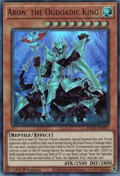 A Yu-Gi-Oh! product titled "Aron, the Ogdoadic King (Ultra Rare) [ANGU-EN007] Ultra Rare." The Ultra Rare card features a dark, royal figure clad in ornate armor, holding a scepter with a serpent wrapped around it. This Reptile/Effect monster boasts 2500 ATK and 2800 DEF, complete with detailed effect text and is a 1st.