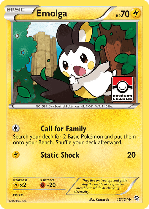 A **Pokémon** card from the Dragons Exalted series, featuring **Emolga (45/124) [Black & White: Dragons Exalted]**, a small sky squirrel Pokémon with a white and black body and yellow membranous wings. Emolga appears flying in a forested area. The card includes stats: 70 HP and moves: Call for Family and Static Shock. An Uncommon gem with the Pokémon League logo on the right side.
