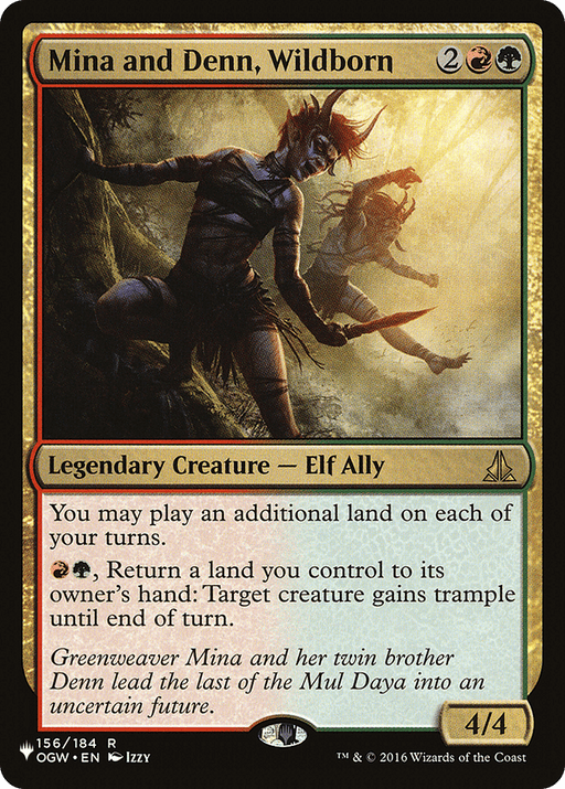 The image features the Magic: The Gathering card "Mina and Denn, Wildborn [The List]." It depicts two Elf Allies in an action pose with a sunlit sky behind them. This Legendary Creature card is rare, with a casting cost of 2 red and green mana, allowing additional land plays and granting trample to creatures.