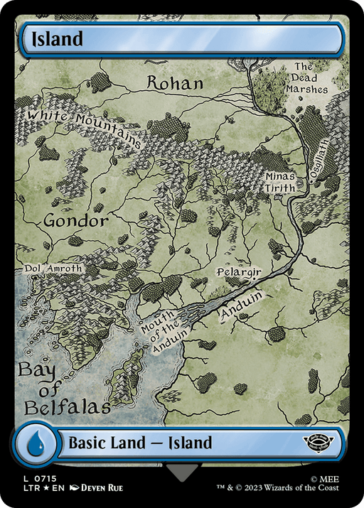 A Magic: The Gathering card titled "Island (0715) (Surge Foil) [The Lord of the Rings: Tales of Middle-Earth]" depicts a detailed map inspired by The Lord of the Rings' Middle-earth. The map shows regions including Rohan, Gondor, and Mordor, featuring landmarks like Minas Tirith and Mount Doom. The design includes "Basic Land – Island" text and a blue mana symbol indicating it produces blue mana.