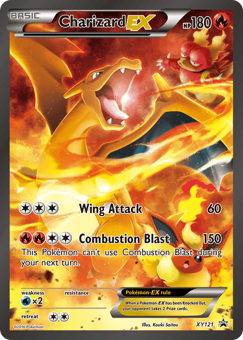 A Charizard EX (XY121) [XY: Black Star Promos] with 180 HP. The card features an image of Charizard in an aggressive stance, spewing flames. It has moves Wing Attack (60 damage) and Combustion Blast (150 damage). This Promo card is illustrated by Kouki Saitou and is part of the Pokémon series, numbered XY121.