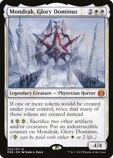 Magic: The Gathering card titled "Mondrak, Glory Dominus [Phyrexia: All Will Be One]." This Mythic costs 2 white/phyrexian white mana and 2 others. It features a Legendary Phyrexian Horror creature in red, white, and gray. With abilities to double token creation and grant indestructibility, it boasts a power and toughness of 4/4.