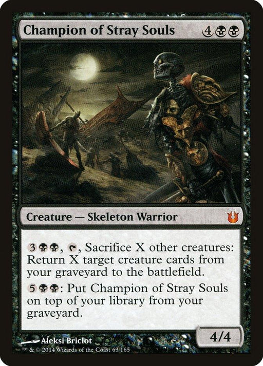 A Magic: The Gathering card titled "Champion of Stray Souls [Born of the Gods]" from the Born of the Gods set. It features a detailed illustration by Aleksi Briclot of a grim, armored skeleton warrior with a scythe, standing in a desolate graveyard. The Mythic Creature costs 4 black mana and 2 colorless and has 4 power and 4 toughness.