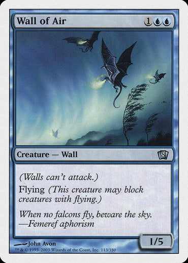 The Magic: The Gathering card "Wall of Air [Eighth Edition]" showcases artwork depicting a ghostly, translucent wall with embedded bat-like creatures flying through a night sky, set against swaying trees. This uncommon blue mana creature card requires 1 blue and 2 colorless mana to cast and has a power/toughness of 1/5.