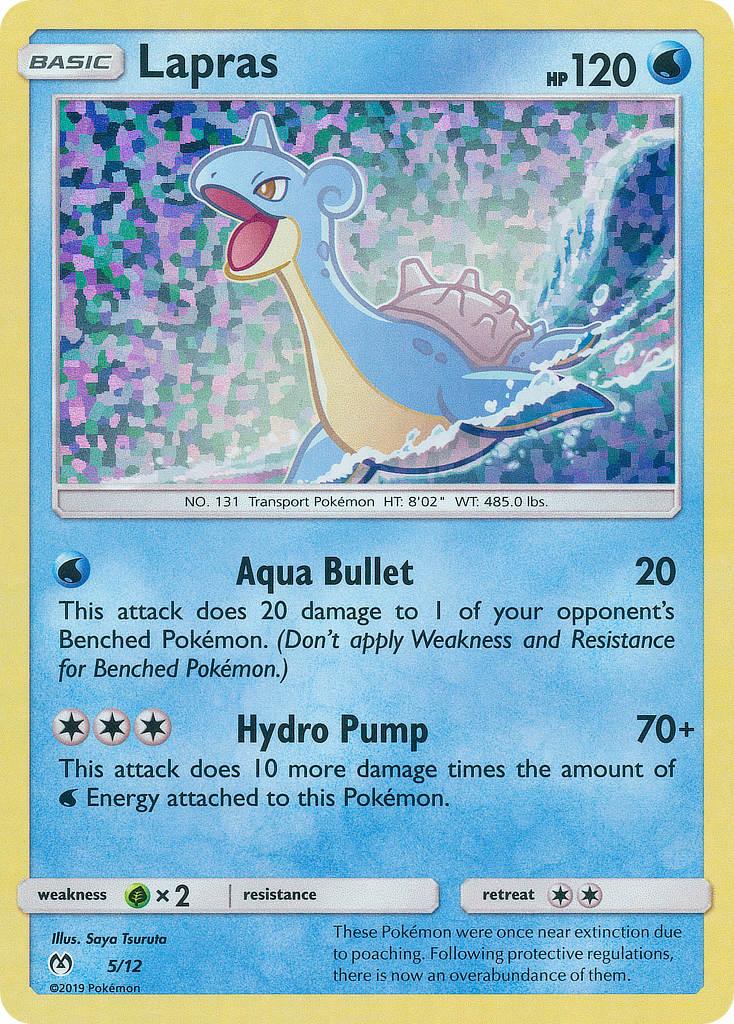 Image of a Lapras (5/12) [McDonald's Promos: 2019 Collection] from the Pokémon brand. It’s a water-type card with a light blue border. Lapras, a blue sea creature with a long neck and shell, is depicted against a colorful, sparkling background. The McDonald's Promo card shows 120 HP and features the moves 