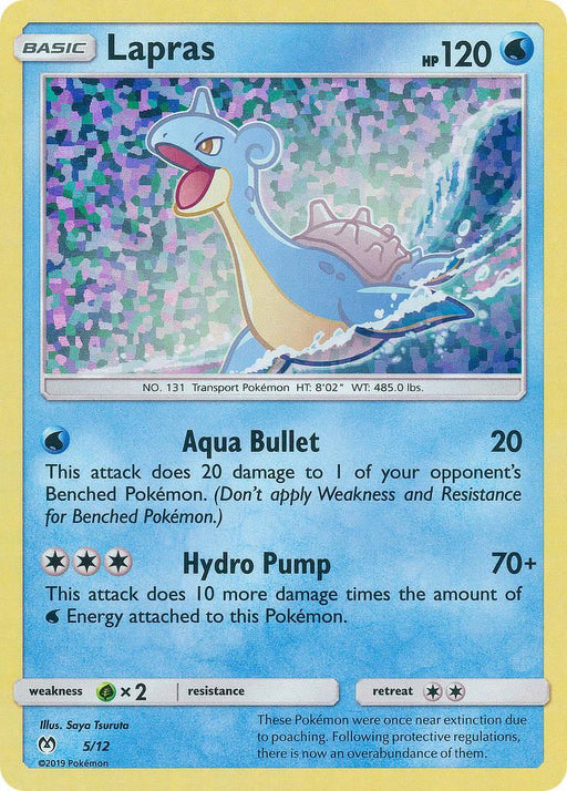 Image of a Lapras (5/12) [McDonald's Promos: 2019 Collection] from the Pokémon brand. It’s a water-type card with a light blue border. Lapras, a blue sea creature with a long neck and shell, is depicted against a colorful, sparkling background. The McDonald's Promo card shows 120 HP and features the moves "Aqua Bullet" and "Hydro Pump.