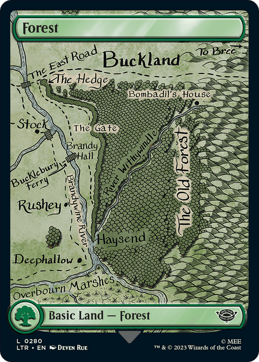 A beautifully illustrated card titled "Forest (280) [The Lord of the Rings: Tales of Middle-Earth]" from the trading card game Magic: The Gathering. This Basic Land card features an overhead map of Middle-Earth with detailed landmarks, including "Buckland," "Bombadil’s House," and "The Old Forest." The border is dark green with a tree icon at the bottom.