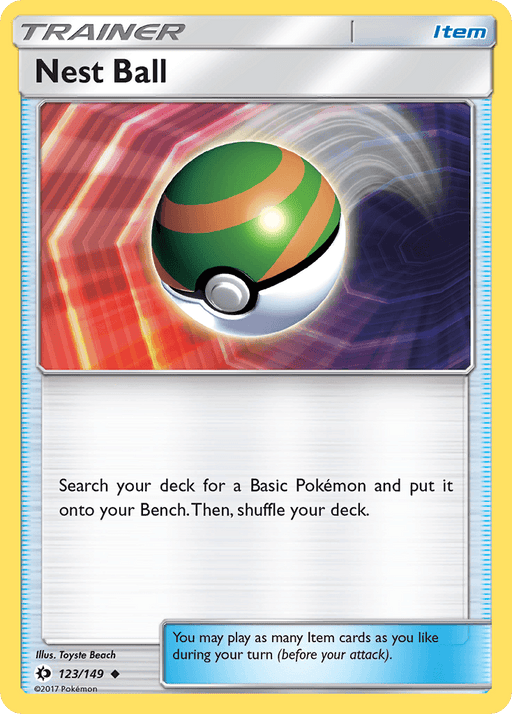 The image is of a Pokémon Nest Ball (123/149) [Sun & Moon: Base Set] card. The card features a green and yellow Poké Ball in the center, with a swirl of red and blue energy in the background. Text describes its function: "Search your deck for a Basic Pokémon and put it onto your Bench. Then, shuffle your deck.
