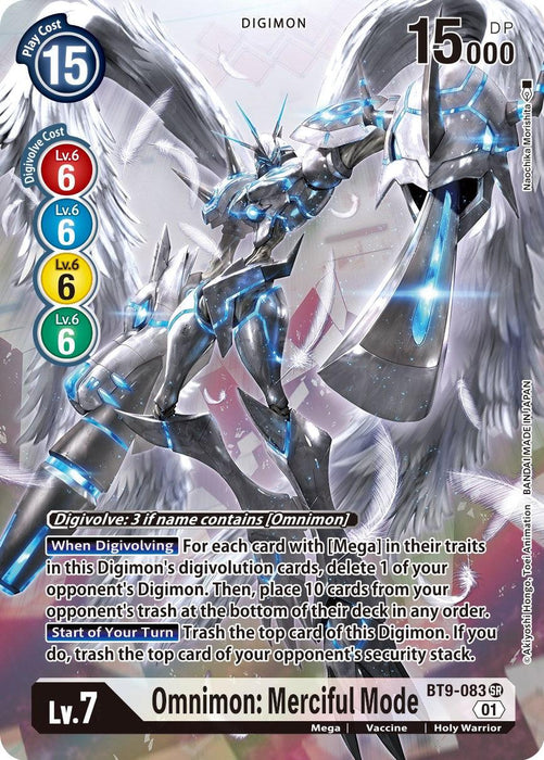 A detailed Digimon trading card featuring the Super Rare "Omnimon: Merciful Mode [BT9-083] (Alternate Art) [X Record].” The card displays a powerful, winged Digimon with a metallic body, holding a luminous sword. The card stats appear at the top-left, with a blue play cost of 15. Digivolution costs, effects, and abilities are described below the image.