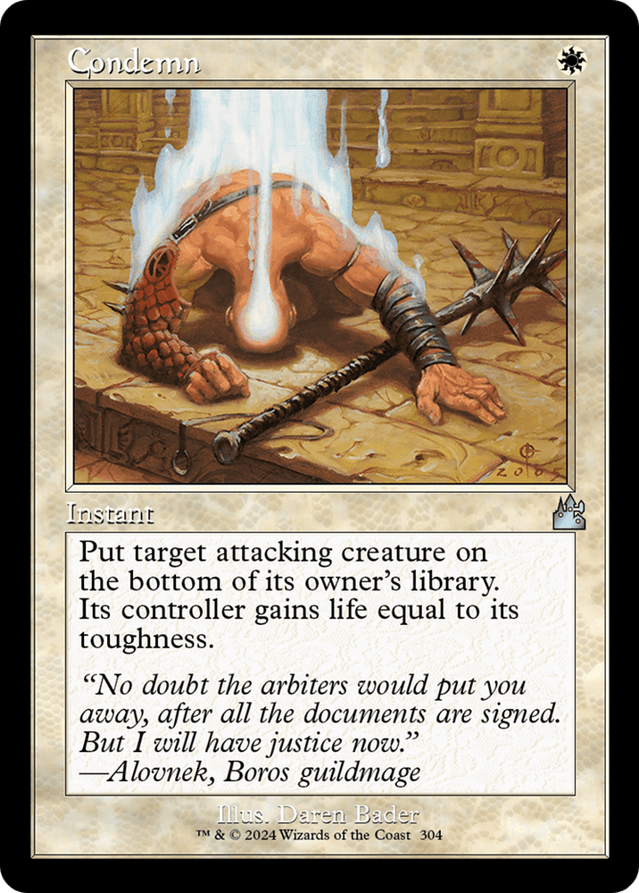 The Magic: The Gathering card Condemn (Retro Frame) [Ravnica Remastered] displays a muscular armored figure impaled by a glowing sword on a stone floor, holding a flail. This Instant spell sends target attacking creatures to the bottom of their owner's library.