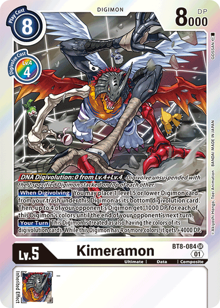Image of a Kimeramon [BT8-084] [New Awakening] card from the Digimon card game. This Super Rare card features Kimeramon, a formidable, multi-limbed creature with parts resembling different monsters. Its stats are Play Cost 8, Level 5, DP 8000, and Digivolution Cost 4 from level 4. Extensive DNA Digivolution game text is shown below the image.