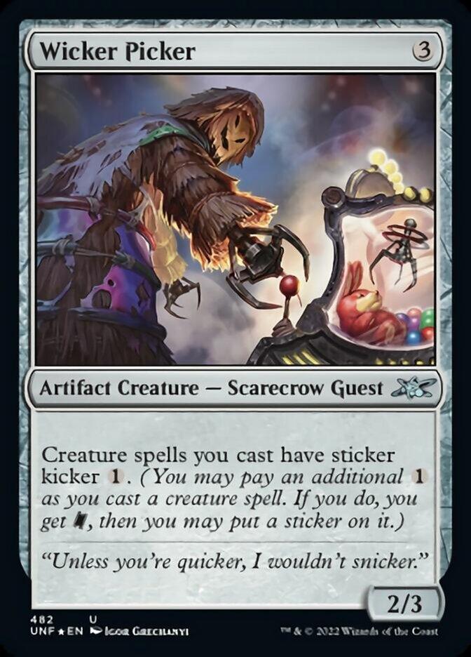 A Magic: The Gathering product titled Wicker Picker (Galaxy Foil) [Unfinity] depicts an eerie scarecrow guest with a glowing purple eye, adding stickers to a toy machine. This artifact creature has 2/3 power and toughness. Text reads: “Creature spells you cast have sticker kicker 1.