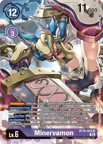 The image shows a Super Rare Digimon trading card for Minervamon [BT10-083] (Alternate Art) [Xros Encounter]. It features detailed artwork of the humanoid Digimon with elaborate armor and a large sword. The card displays its level (Lv. 6), attributes, 11000 DP, and various abilities, including Retaliation and options for play effects.