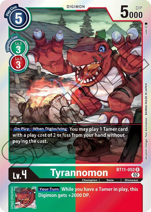 A Digimon Tyrannomon [BT11-052] [Dimensional Phase] card with a blue gem indicating a play cost of 5 and a circular blue arrow for Digivolution costs of 3 from Level 3 Digimon. This Dinosaur has 5000 DP and appears in an action pose. Its effects allow playing a Tamer card for free, and it gains 2000 DP while a Tamer is in play.