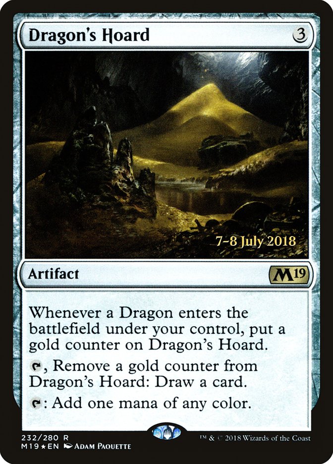 Dragon's Hoard [Core Set 2019 Prerelease Promos]," a card from Magic: The Gathering, features an expansive pile of gold set within a mountainous landscape. Illustrated by Adam Paquette, this artifact card improves interactions with dragons and increases mana generation. It was particularly coveted as a Prerelease Promo item.