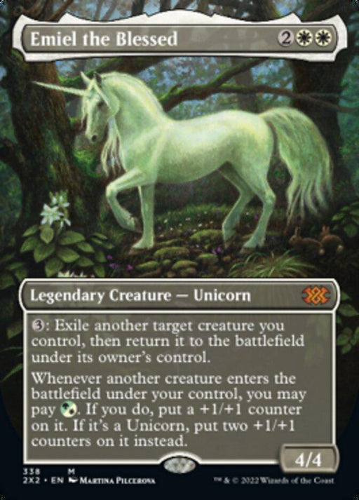 A Magic: The Gathering card from Double Masters 2022 titled "Emiel the Blessed (Borderless Alternate Art) [Double Masters 2022]." It costs 2 and 2 white mana. This mythic rarity, legendary creature unicorn has a power/toughness of 4/4. Featuring a glowing unicorn in a forest, it can exile and return creatures, adding +1/+1 or +2/+2 counters if they're Unicorns.