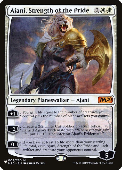 The image is of a "Magic: The Gathering" trading card named "Ajani, Strength of the Pride [The List]," a Legendary Planeswalker. It depicts Ajani, a lion-like figure wielding a large, double-headed axe. This Mythic card details his abilities and interactions, and is illustrated by Chris Rallis.