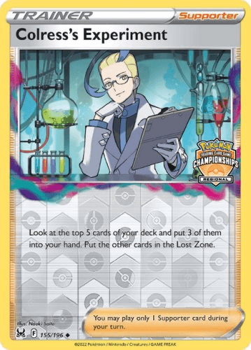 A Pokémon card titled "Colress’s Experiment (Regional Championships) [Sword & Shield: Lost Origin]" features the character Colress, a scientist holding a test tube and clipboard. The card has a hexagonal pattern background with scientific equipment and bubbling liquids. Text reads, “Look at the top 5 cards of your deck and put 3 of them into your hand. Put the other cards in the Lost Zone.” Labeled as a Supporter from Pokémon.