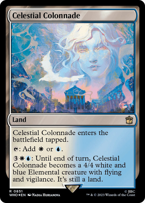 The image is a Magic: The Gathering card titled "Celestial Colonnade (Surge Foil) [Doctor Who]." The artwork features a celestial being composed of clouds with a serene expression above a grand colonnaded structure. The card text details its gameplay attributes, including its ability to transform into an Elemental creature. The artist is Nadia Hurianova, and it was released by Wizards of the Coast in 2023.