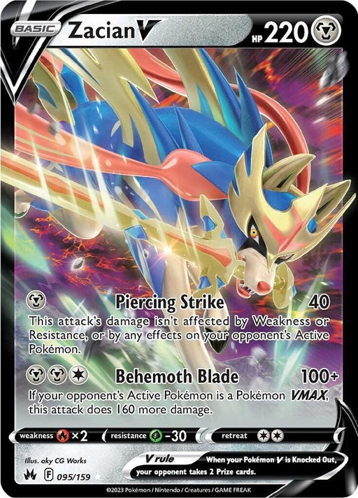 Image shows an Ultra Rare Pokémon trading card for "Zacian V (095/159) [Sword & Shield: Crown Zenith]" from Pokémon with 220 HP. Zacian, depicted as a wolf-like creature with a sword in its mouth, features Piercing Strike (40 damage) and Behemoth Blade (100+ damage). It has a Psychic weakness, Metal resistance, and retreat cost of 2.