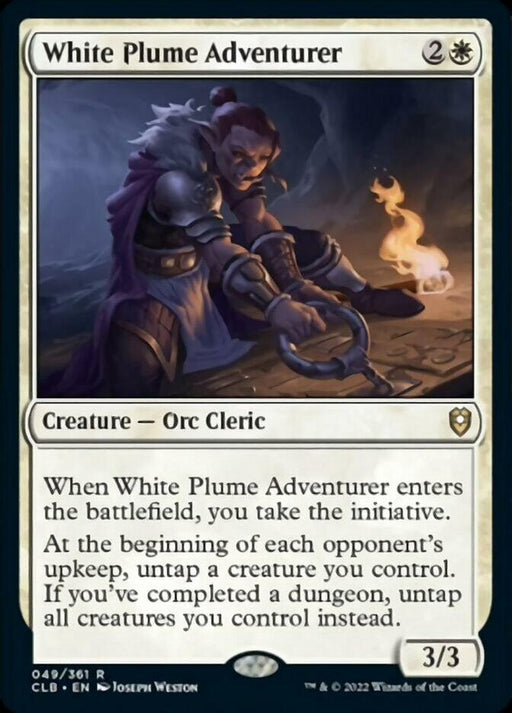 A Magic: The Gathering card titled "White Plume Adventurer [Commander Legends: Battle for Baldur's Gate]" portrays an Orc Cleric, wearing a white plume on his helmet, sitting by a campfire in a cave. Part of the Commander Legends: Battle for Baldur's Gate set, this 3/3 creature has a mana cost of 2 colorless and 1 white, with its border reflecting its white mana.