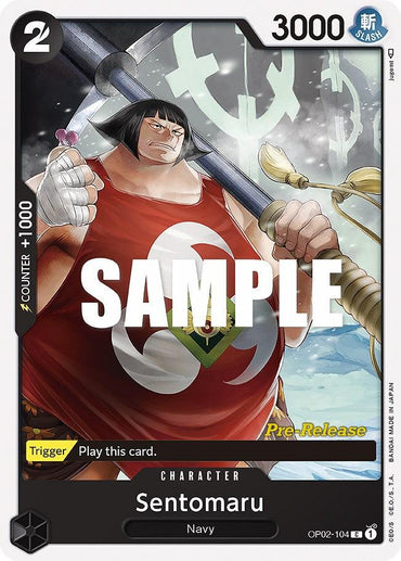 A trading card from Bandai's "Sentomaru [Paramount War Pre-Release Cards]" collection features the character Sentomaru from the "One Piece" series. Sentomaru is depicted as a muscular figure with a bob haircut, wearing a red sleeveless shirt adorned with a white symbol and yellow plaid pants. The card showcases various stats including "3000" power and "2" cost, marked as part of the Pre-Release Cards for Paramount War.