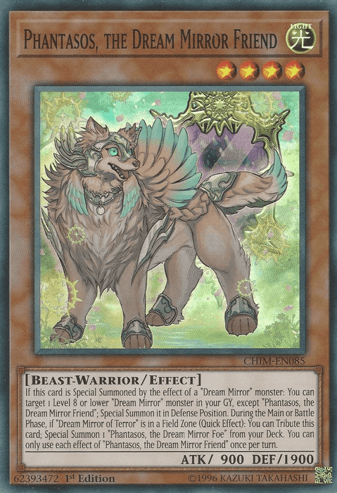 Image of a Yu-Gi-Oh! trading card from the Chaos Impact set titled "Phantasos, the Dream Mirror Friend [CHIM-EN085] Super Rare." It shows a mystical beast-warrior with teal fur, feathered wings, and protective gear. Its ATK is 900 and DEF is 1900. The card has specific effects related to "Dream Mirror" monsters and summoning conditions.