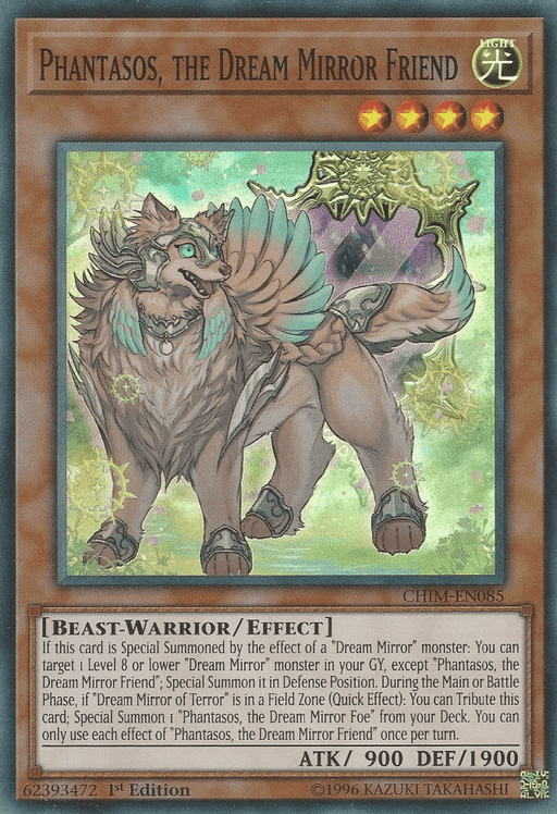 Image of a Yu-Gi-Oh! trading card from the Chaos Impact set titled "Phantasos, the Dream Mirror Friend [CHIM-EN085] Super Rare." It shows a mystical beast-warrior with teal fur, feathered wings, and protective gear. Its ATK is 900 and DEF is 1900. The card has specific effects related to "Dream Mirror" monsters and summoning conditions.