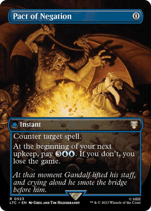 The image depicts a Magic: The Gathering card named "Pact of Negation (Borderless) [The Lord of the Rings: Tales of Middle-Earth Commander]." This blue Instant card has zero mana cost and features artwork of Gandalf facing a Balrog in a fiery scene from The Lord of the Rings. Gandalf holds his staff aloft as flames surround them. You must pay 3 blue and 2 colorless mana at your next upkeep or lose the game. Set