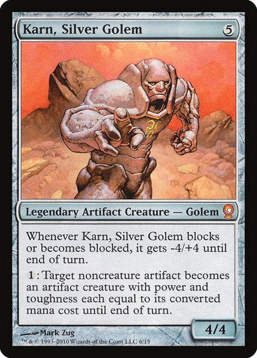 A Magic: The Gathering card titled "Karn, Silver Golem [From the Vault: Relics]" costs 5 colorless mana to play. This Legendary Artifact Creature grants -4/+4 when blocking or being blocked and can transform a noncreature artifact into an artifact creature with power and toughness equal to its mana cost. Stats: 4/4. Art by Mark Zug.