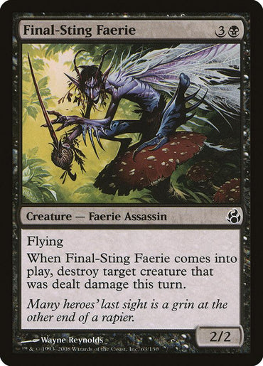 Final-Sting Faerie [Morningtide]" from Magic: The Gathering features a 2/2 Faerie Assassin by Wayne Reynolds, elegantly poised on a red mushroom. This fantasy card flaunts Flying and can destroy target creature.