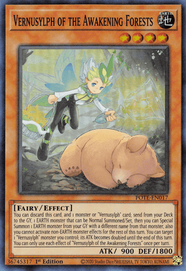 A trading card titled "Vernusylph of the Awakening Forests [POTE-EN017] Super Rare" from Yu-Gi-Oh! features an illustration of a small, fairy-like EARTH monster with leaf wings, standing near a large sleeping bear. The Vernusylph wears a green outfit and holds a wand. Game details and stats for this Effect Monster are at the bottom of the card.