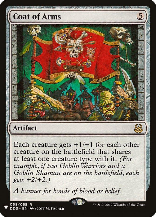 A Coat of Arms [Mystery Booster] Magic: The Gathering card, appearing as a rare artifact in the Mystery Booster set, features a red banner decorated with skulls and bones, held aloft by two anthropomorphic creatures standing in front of a fort. The banner is emblazoned with green and white symbols and motifs.