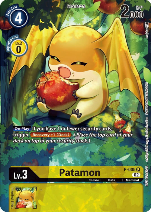 A "Digimon" trading card displaying "Patamon [P-005] (Digimon Illustration Competition Promotion Pack) [Promotional Cards]," a bat-winged creature eating a large red fruit. This promotional card has a play cost of 4 and 2000 DP. The card effect states: "If you have 1 or fewer security cards, trigger Recovery +1 (Deck)." It is a level 3, rookie, data mammal Digimon.