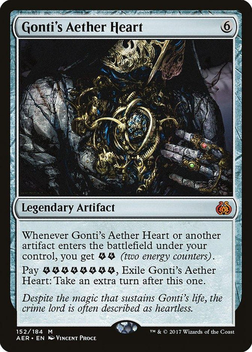 A **Magic: The Gathering** card titled **"Gonti’s Aether Heart [Aether Revolt]"** has a casting cost of 6 colorless mana. This Legendary Artifact features energy counter mechanics and an ability to take an extra turn. The artwork showcases a mechanized heart held by a dark, cloaked figure.