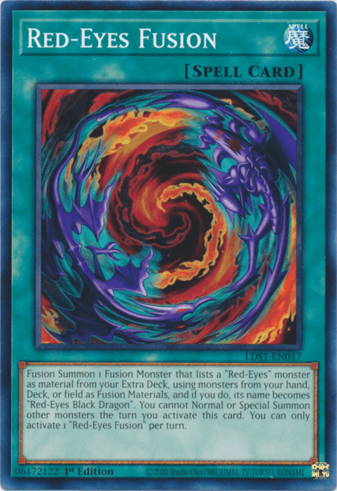 An image of a Yu-Gi-Oh! trading card named "Red-Eyes Fusion [LDS1-EN017] Common". The card showcases swirling dark red and blue energy forming a vortex at its center. The Spell Card's effect text provides instructions for Fusion Summoning a monster using "Red-Eyes B. Dragon" from the Legendary Duelists series.