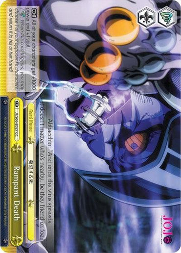 The image shows a collectible trading card from the game "Weiß Schwarz," featuring a character from JoJo's Bizarre Adventure: Golden Wind. The card, titled "Rampant Death (JJ/S66-E027 CC) [JoJo's Bizarre Adventure: Golden Wind]," depicts a character in a dynamic pose with text in English and Japanese, and visual elements such as stats and abilities, marked as Climax Common by Bushiroad.