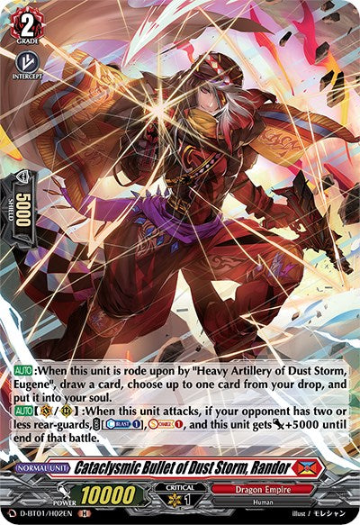 A trading card from Bushiroad's "Cardfight!! Vanguard" game named "Cataclysmic Bullet of Dust Storm, Randor (D-BT01/H02EN) [Genesis of the Five Greats]." Featuring holo artwork of a dragon-like humanoid warrior in red and gold armor, wielding a lance, this card belongs to the Dragon Empire and has various stats and skills listed.