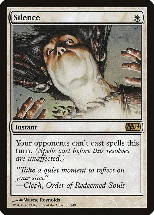 A rare Magic: The Gathering card from Magic 2014, titled Silence [Magic 2014]. It features artwork of a person with wide eyes and an open mouth, seemingly screaming or gasping, with hands reaching towards their face. This instant's text reads, "Your opponents can't cast spells this turn," and includes a quote from Cleph, Order of Redeemed Souls.